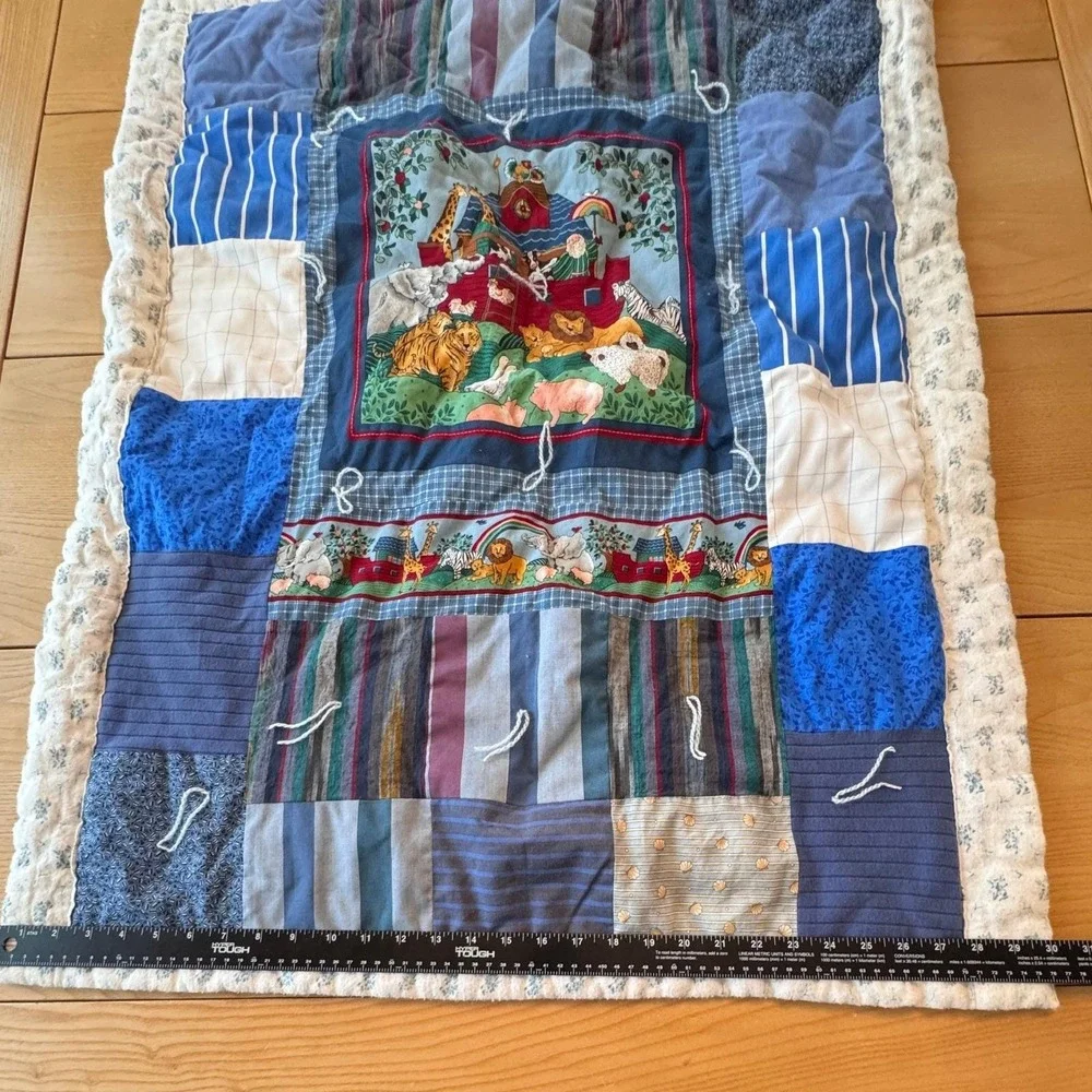 Vintage Noahs Ark Patchwork‎ Baby Quilt Blue Nursery OS Cottagecore Minimalist